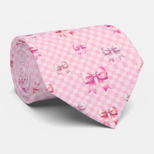 Cute Pink Ribbon and Gingham Sweet Girly Pattern Krawatte (Gerollt)