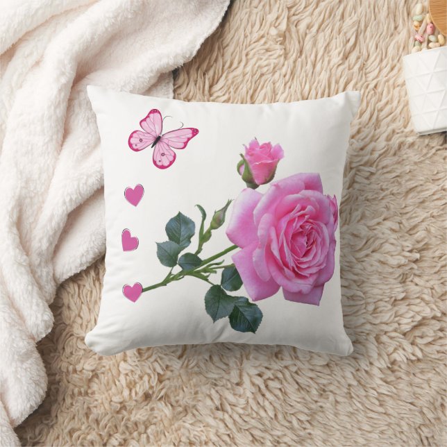 Cute Pink Rose Butterfly Hearts Throw Pillow  Kissen (Decke)