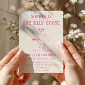 Cute Pink Silly Goose 1st Birthday Einladung