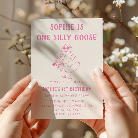 Cute Pink Silly Goose 1st Birthday Einladung