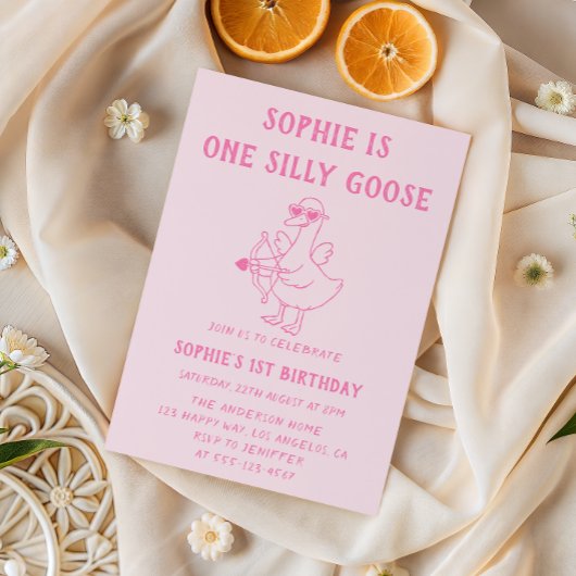 Cute Pink Silly Goose 1st Birthday Einladung