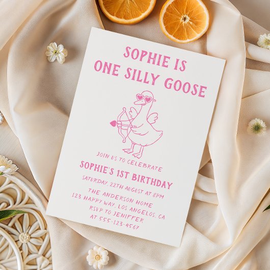 Cute Pink Silly Goose 1st Birthday Einladung