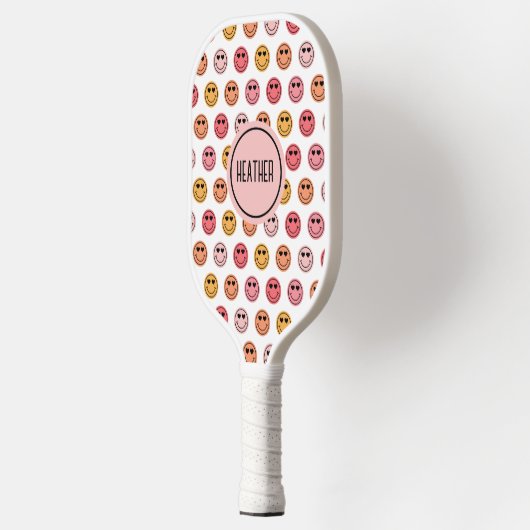 Cute Pink Smile Face Pattern Monogram Pickleball Schläger (Links)
