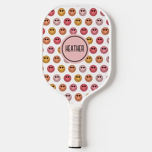Cute Pink Smile Face Pattern Monogram Pickleball Schläger (Rückseite)