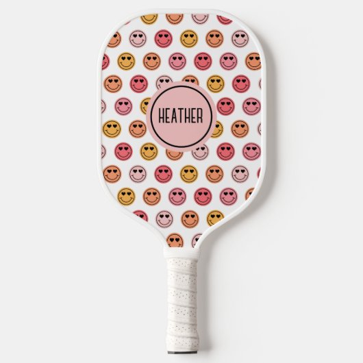 Cute Pink Smile Face Pattern Monogram Pickleball Schläger (Vorderseite)