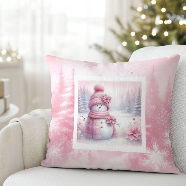 Cute Pink Snowman Christmas Scene Pinkmas Pillow Kissen (Cute Pink Snowman Christmas Scene Pinkmas Pillow)
