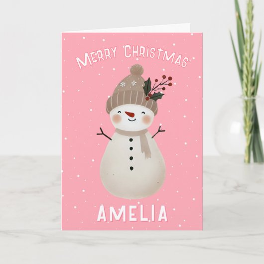 Cute Pink Snowman Kid`s Name Merry Christmas Karte (Vorderseite)