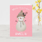 Cute Pink Snowman Kid`s Name Merry Christmas Karte (Gelbe Blume)