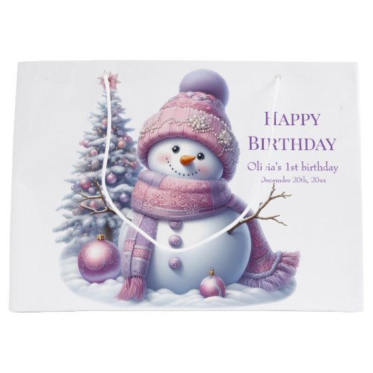 Cute Pink Snowman Winter Birthday Große Geschenktüte (Vorderseite)
