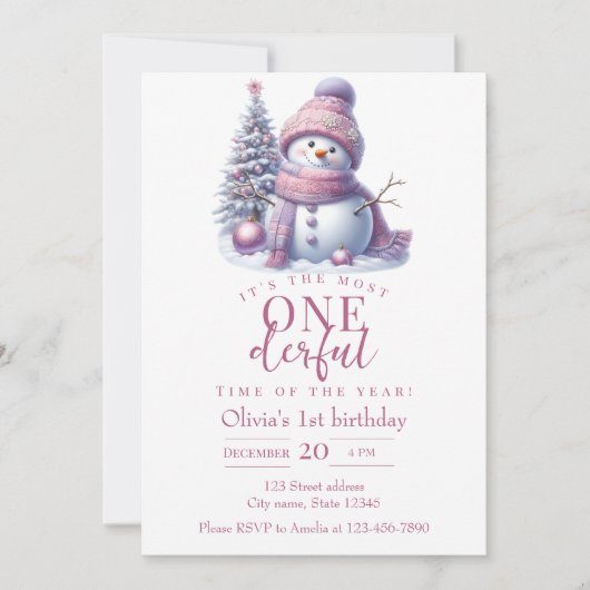 Cute Pink Snowman Winter Birthday Invitation Einladung (Vorderseite)