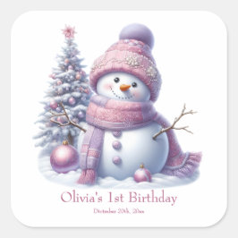 Cute Pink Snowman Winter Birthday Quadratischer Aufkleber