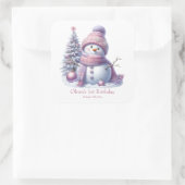 Cute Pink Snowman Winter Birthday Quadratischer Aufkleber (Tasche)