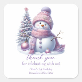 Cute Pink Snowman Winter Birthday Quadratischer Aufkleber