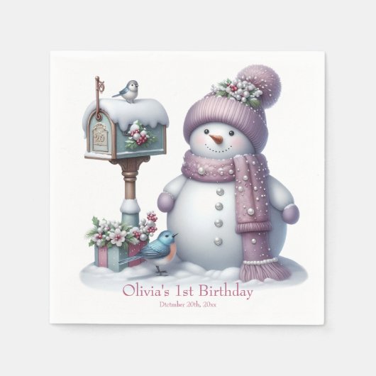 Cute Pink Snowman Winter Birthday Serviette (Vorderseite)