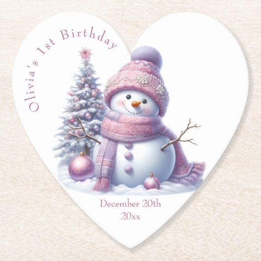 Cute Pink Snowman Winter Birthday Untersetzer (Vorderseite)