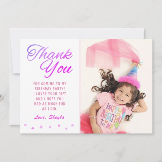 Cute Pink Star Birthday Girl Photo Thank you Card Einladung (Vorderseite)