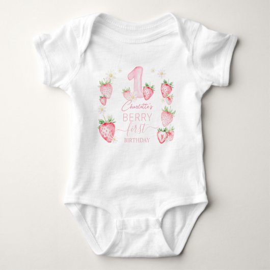 Cute Pink Strawberries Berry First 1st Birthday Baby Strampler (Vorderseite)