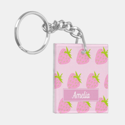 Cute Pink Strawberry Pattern Personalised Schlüsselanhänger (Vorderseite links)