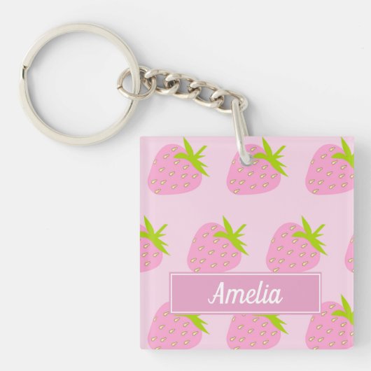 Cute Pink Strawberry Pattern Personalised Schlüsselanhänger (Vorderseite)