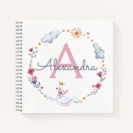 Cute pink swan & sun floral wreath with monogram notizblock