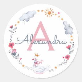 Cute pink swan & sun floral wreath with monogram runder aufkleber