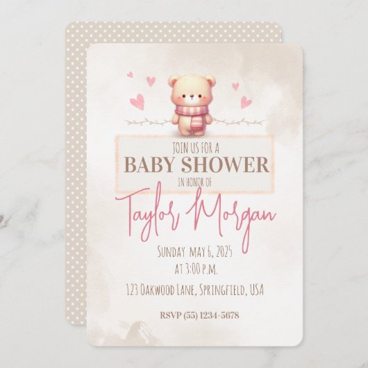 Cute Pink Teddy Bear Baby Shower  Einladung (Vorne/Hinten)