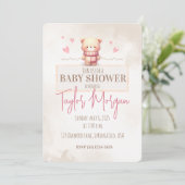 Cute Pink Teddy Bear Baby Shower  Einladung (Stehend Vorderseite)