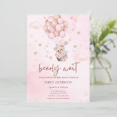 Cute Pink Teddy Bear Balloon Girl Baby Shower Einladung (Stehend Vorderseite)