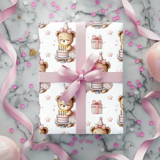 Cute Pink Teddy Bear Birthday Party Wrapping Paper Geschenkpapier