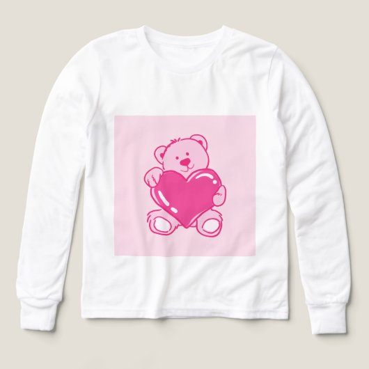 Cute Pink Teddy Bear Heart Kids Long Sleeve Shirt (Design Vorderseite)