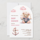 Cute Pink Teddy Bear Nautical Girl Baby Shower Einladung (Vorderseite)