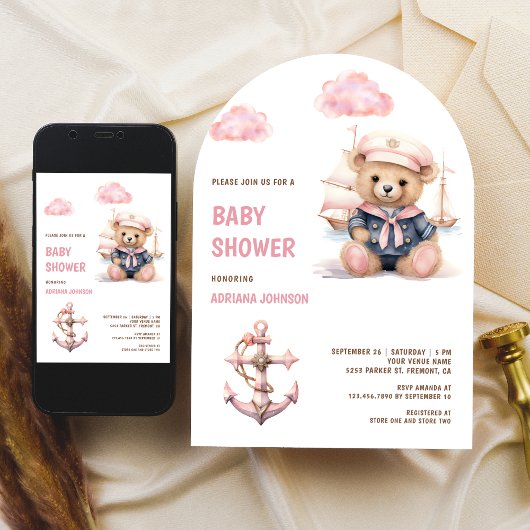 Cute Pink Teddy Bear Nautical Girl Baby Shower Einladung