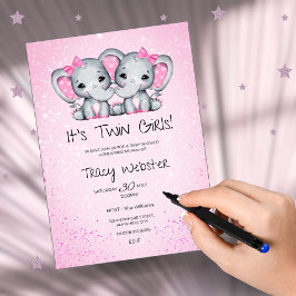 Cute, Pink Twin Baby Elephants Baby Shower Einladung