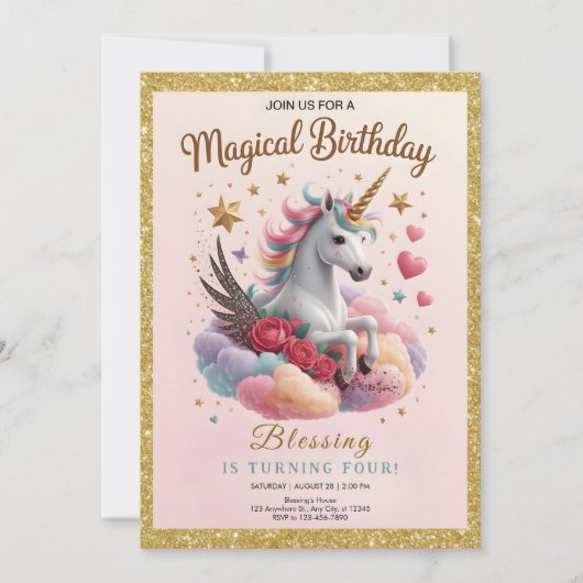 Cute Pink Unicorn Birthday Einladung (Vorderseite)
