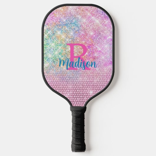 Cute Pink unicorn faux glitter monogram Pickleball Schläger (Vorderseite)