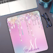 Cute Pink Unicorn Rainbow Glitter Drips monogram Mousepad