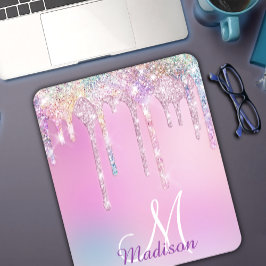 Cute Pink Unicorn Rainbow Glitter Drips monogram Mousepad
