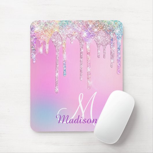 Cute Pink Unicorn Rainbow Glitter Drips monogram Mousepad (Mit Mouse)