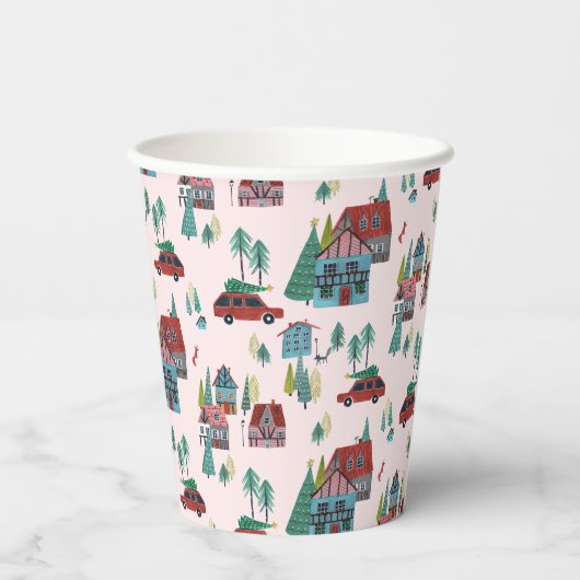 Cute Pink Village Pattern Christmas Pappbecher (Rückseite)