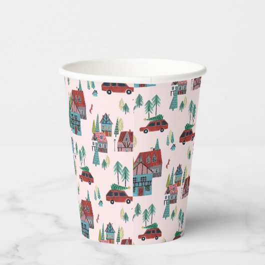 Cute Pink Village Pattern Christmas Pappbecher (Rechts)