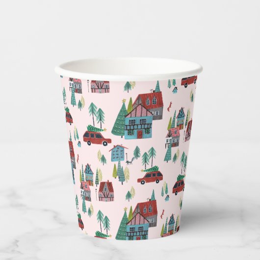 Cute Pink Village Pattern Christmas  Pappbecher (Vorderseite)