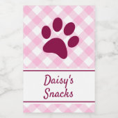 Cute Pink White Gingham Checkered Pattern Paw Name Lebensmitteletikett (Einzelnes Label)
