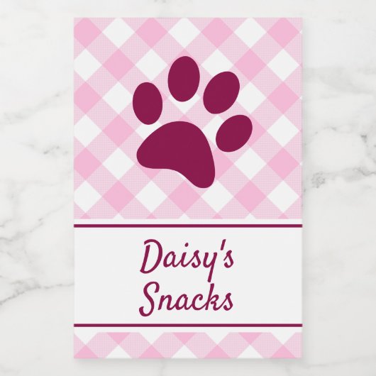 Cute Pink White Gingham Checkered Pattern Paw Name Lebensmitteletikett (Einzelnes Label)