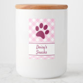 Cute Pink White Gingham Checkered Pattern Paw Name Lebensmitteletikett (Vorderseite)