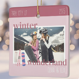 Cute Pink Winter Ski Theme Keepsake Photo  Keramikornament