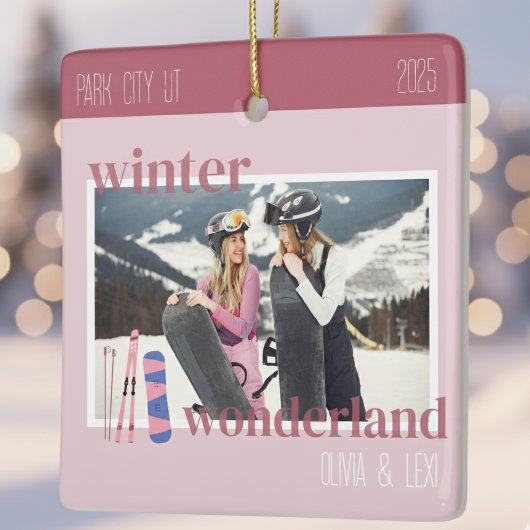 Cute Pink Winter Ski Theme Keepsake Photo  Keramikornament