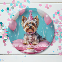 Cute Pink Yorkie Birthday Pappteller