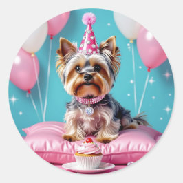 Cute Pink Yorkie Birthday Runder Aufkleber