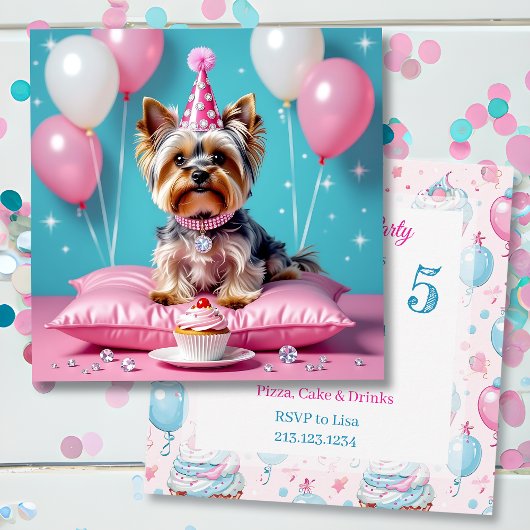 Cute Pink Yorkie Girl's Birthday Party Einladung