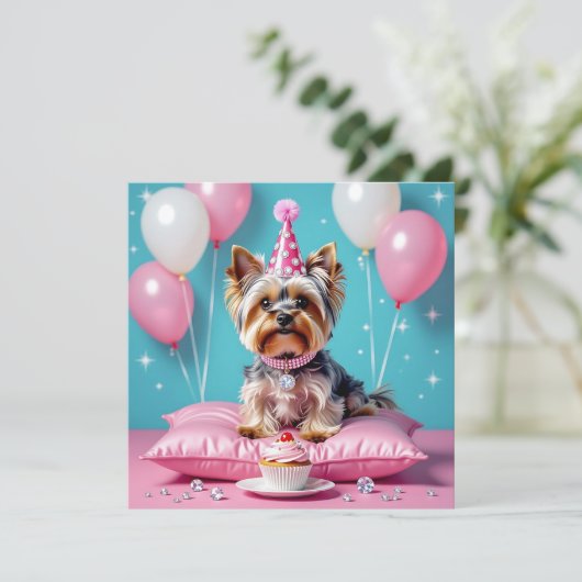 Cute Pink Yorkie Girl's  Birthday Party Einladung (Stehend Vorderseite)
